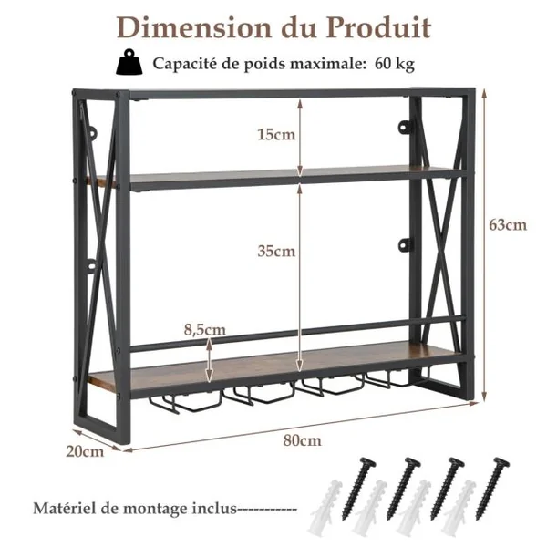 Casier à Vin Mural Industriel à 3 Niveaux avec Porte-gobelet en Métal Étagère de Rangement pour Cuisine Bar Salle à Manger