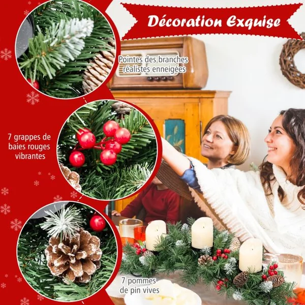 Centre de Table Noël 3 Bougeoirs Ø 8cm 7 Pommes de Pin 7 Grappes de Baies Rouges en Sapin Artificiel Branches Enneigées