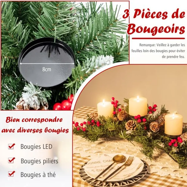 Centre de Table Noël 3 Bougeoirs Ø 8cm 7 Pommes de Pin 7 Grappes de Baies Rouges en Sapin Artificiel Branches Enneigées