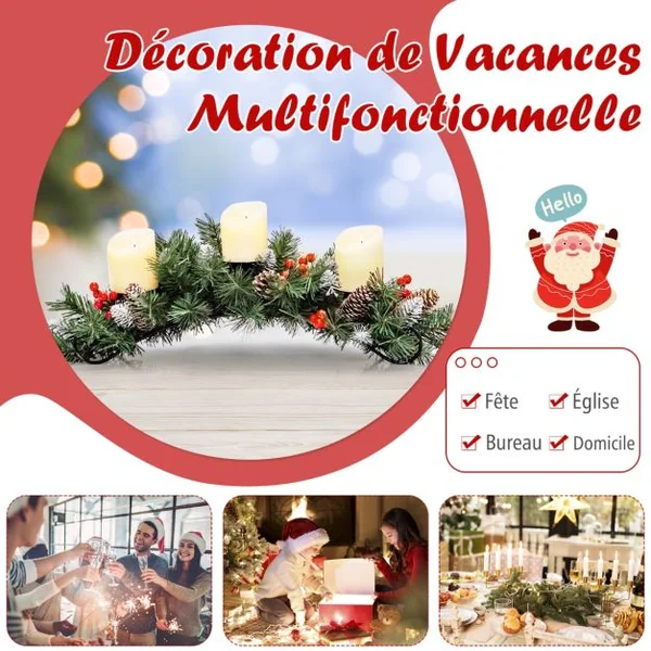 Centre de Table Noël 3 Bougeoirs Ø 8cm 7 Pommes de Pin 7 Grappes de Baies Rouges en Sapin Artificiel Branches Enneigées