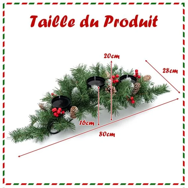 Centre de Table Noël 3 Bougeoirs Ø 8cm 7 Pommes de Pin 7 Grappes de Baies Rouges en Sapin Artificiel Branches Enneigées