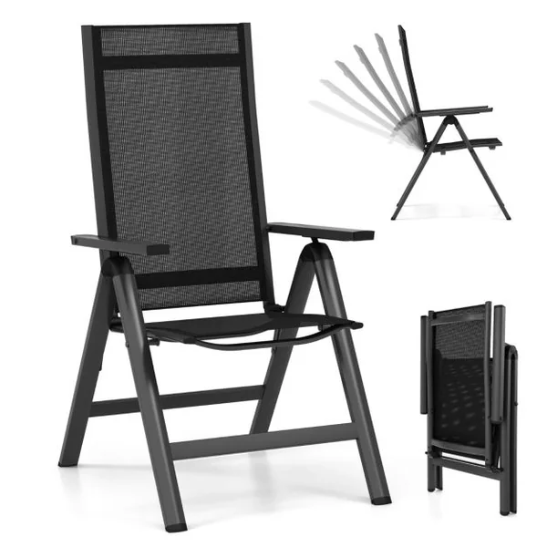 Chaise/2 Chaises de Jardin Pliante en Alliage d'Aluminium Dossier Réglable Patins Antidérapants Tissu en Maille Charge 110KG Noir