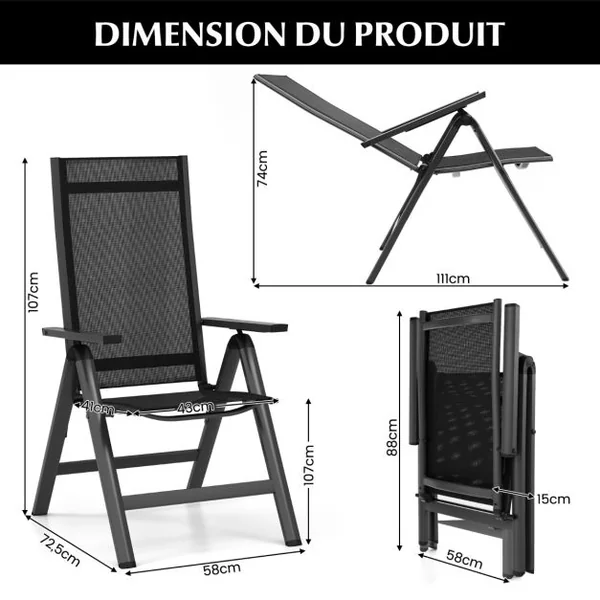 Chaise/2 Chaises de Jardin Pliante en Alliage d'Aluminium Dossier Réglable Patins Antidérapants Tissu en Maille Charge 110KG Noir