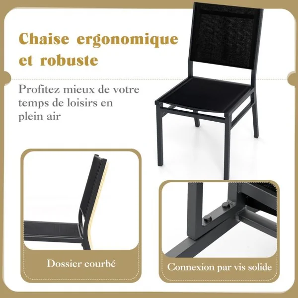 Chaise/2Chaises de Terrasse Extérieures Chaise de Jardin sans Accoudoirs avec Siège et Dossier Respirants Cadre en Aluminium Robuste Noir