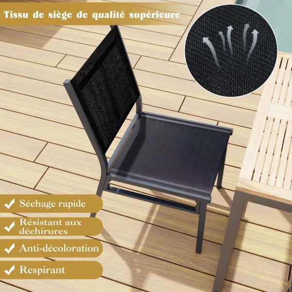 Chaise/2Chaises de Terrasse Extérieures Chaise de Jardin sans Accoudoirs avec Siège et Dossier Respirants Cadre en Aluminium Robuste Noir