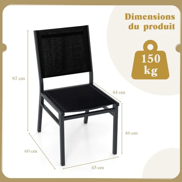Chaise/2Chaises de Terrasse Extérieures Chaise de Jardin sans Accoudoirs avec Siège et Dossier Respirants Cadre en Aluminium Robuste Noir