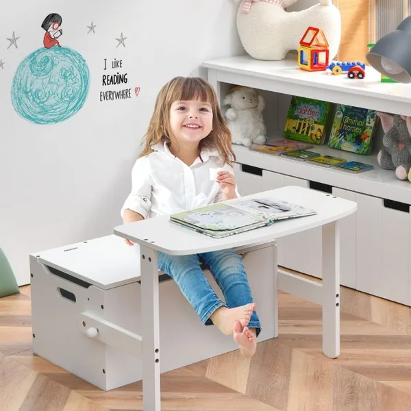 Chaise d'Activités Convertible pour Enfants 3-7 Ans Coffre de Rangement Convertible en Bureau ou Banc 60x34x57 cm Blanc