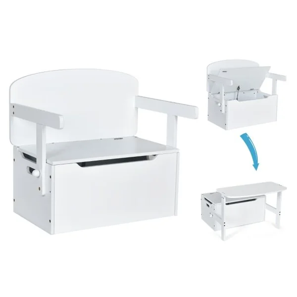 Chaise d'Activités Convertible pour Enfants 3-7 Ans Coffre de Rangement Convertible en Bureau ou Banc 60x34x57 cm Blanc