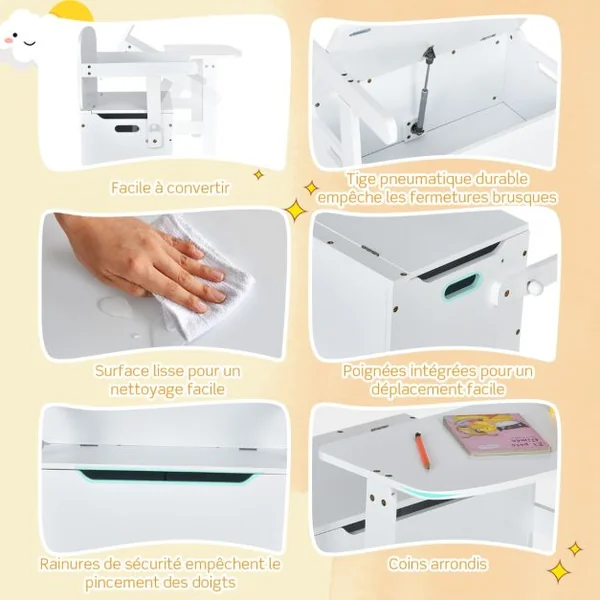 Chaise d'Activités Convertible pour Enfants 3-7 Ans Coffre de Rangement Convertible en Bureau ou Banc 60x34x57 cm Blanc