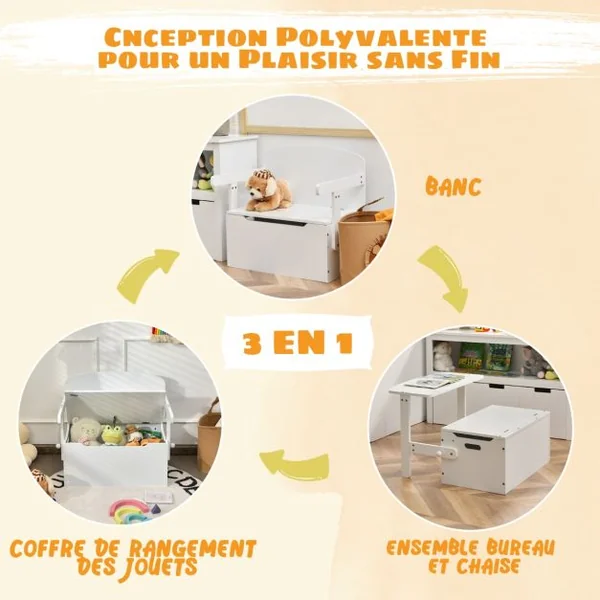Chaise d'Activités Convertible pour Enfants 3-7 Ans Coffre de Rangement Convertible en Bureau ou Banc 60x34x57 cm Blanc