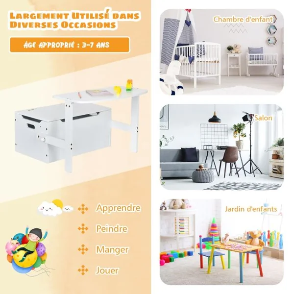 Chaise d'Activités Convertible pour Enfants 3-7 Ans Coffre de Rangement Convertible en Bureau ou Banc 60x34x57 cm Blanc