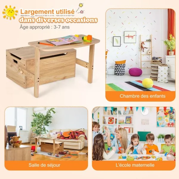 Chaise d'Activités Convertible pour Enfants 3-7 Ans Coffre de Rangement Convertible en Bureau ou Banc 60x34x57 cm Gris