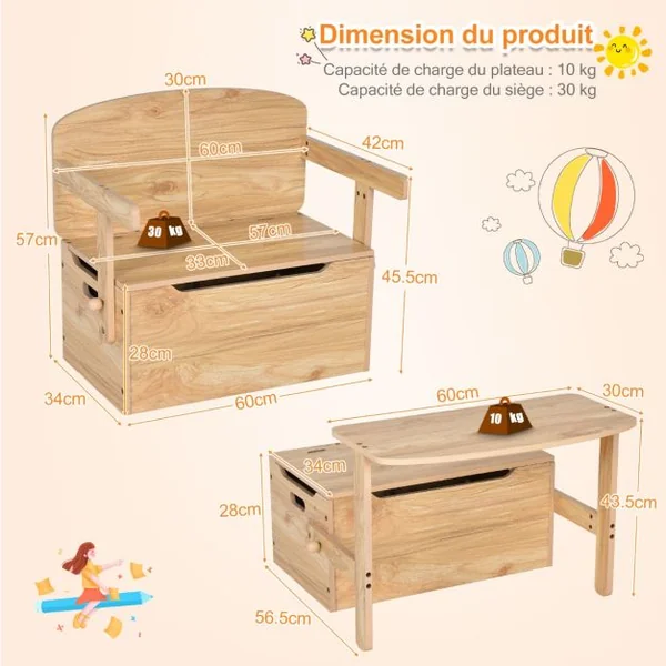 Chaise d'Activités Convertible pour Enfants 3-7 Ans Coffre de Rangement Convertible en Bureau ou Banc 60x34x57 cm Gris
