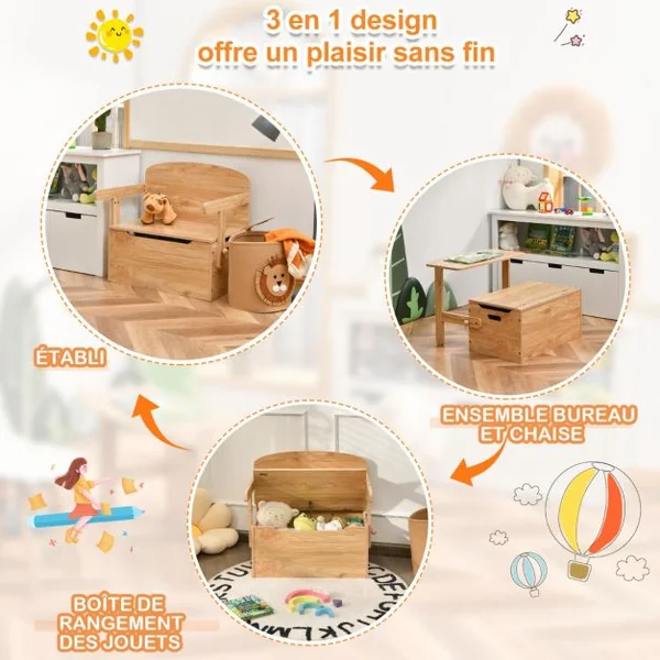 Chaise d'Activités Convertible pour Enfants 3-7 Ans Coffre de Rangement Convertible en Bureau ou Banc 60x34x57 cm Gris
