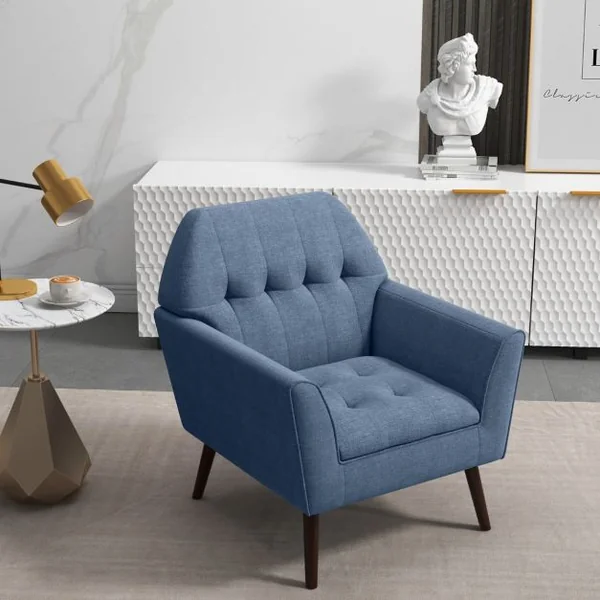 Chaise d’Appoint en Tissu Capitonné Canapé 1 Personne Rembourrée avec Pieds Antidérapants en Bois Fauteuil d’Appoint Bleu