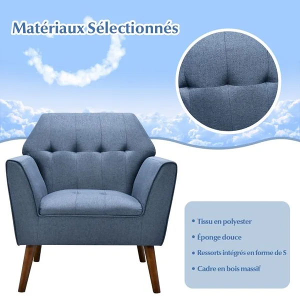Chaise d’Appoint en Tissu Capitonné Canapé 1 Personne Rembourrée avec Pieds Antidérapants en Bois Fauteuil d’Appoint Bleu