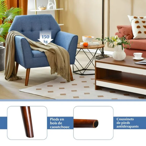 Chaise d’Appoint en Tissu Capitonné Canapé 1 Personne Rembourrée avec Pieds Antidérapants en Bois Fauteuil d’Appoint Bleu