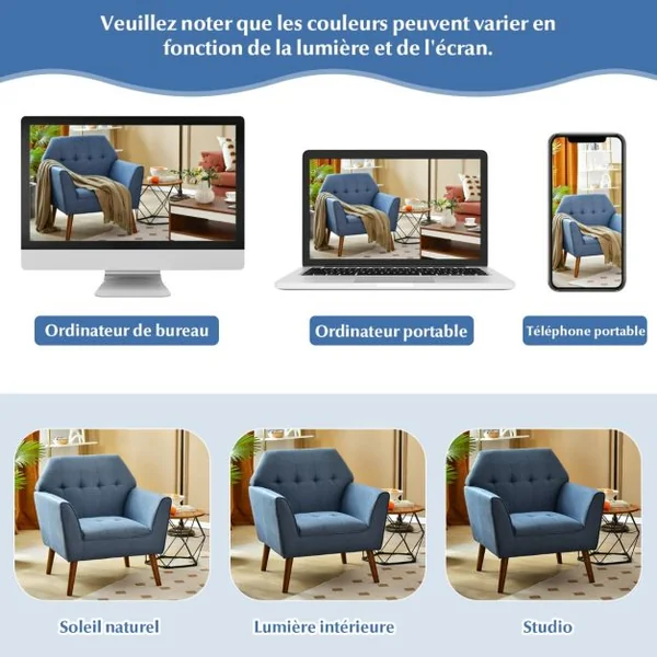Chaise d’Appoint en Tissu Capitonné Canapé 1 Personne Rembourrée avec Pieds Antidérapants en Bois Fauteuil d’Appoint Bleu