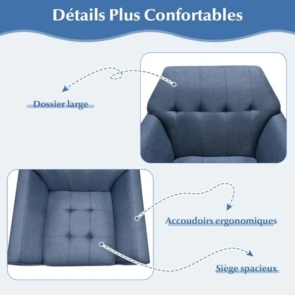 Chaise d’Appoint en Tissu Capitonné Canapé 1 Personne Rembourrée avec Pieds Antidérapants en Bois Fauteuil d’Appoint Bleu