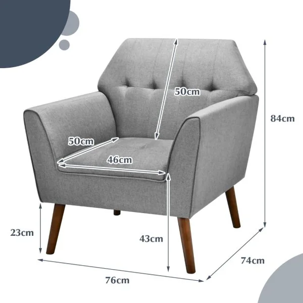 Chaise d’Appoint en Tissu Capitonné Canapé 1 Personne Rembourrée avec Pieds Antidérapants en Bois Fauteuil d’Appoint Gris