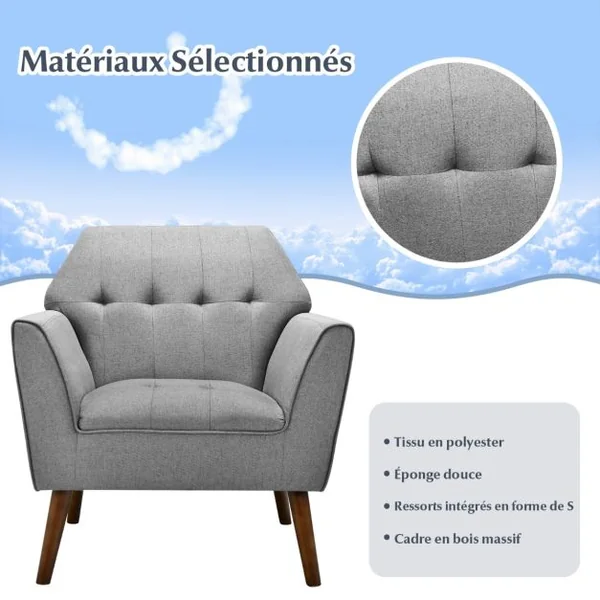 Chaise d’Appoint en Tissu Capitonné Canapé 1 Personne Rembourrée avec Pieds Antidérapants en Bois Fauteuil d’Appoint Gris