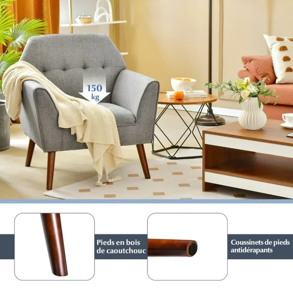 Chaise d’Appoint en Tissu Capitonné Canapé 1 Personne Rembourrée avec Pieds Antidérapants en Bois Fauteuil d’Appoint Gris