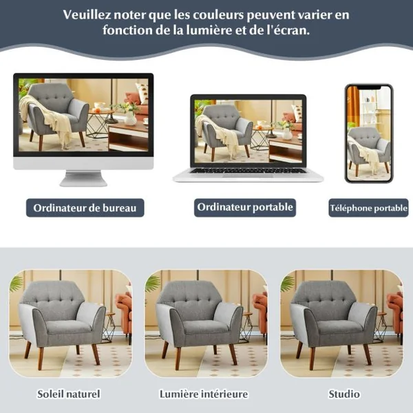 Chaise d’Appoint en Tissu Capitonné Canapé 1 Personne Rembourrée avec Pieds Antidérapants en Bois Fauteuil d’Appoint Gris