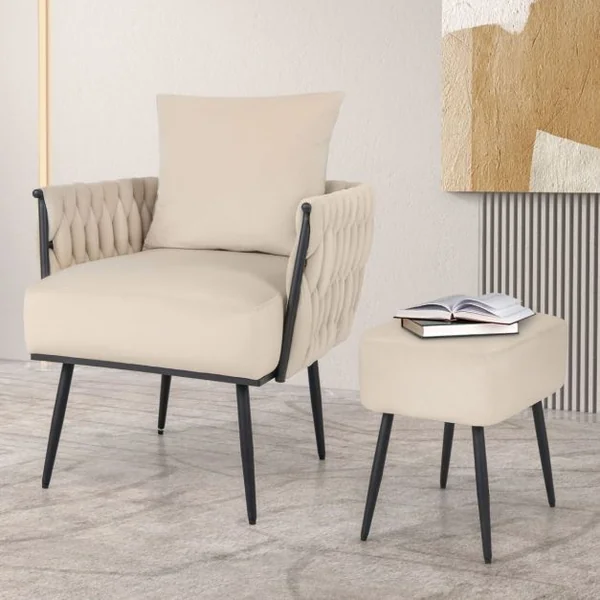 Chaise d'Appoint et Ottoman en Velours Chaise de Loisirs Dossier et Accoudoirs Tissés avec Repose-pieds Profondeur d'Assise 58 cm Gris