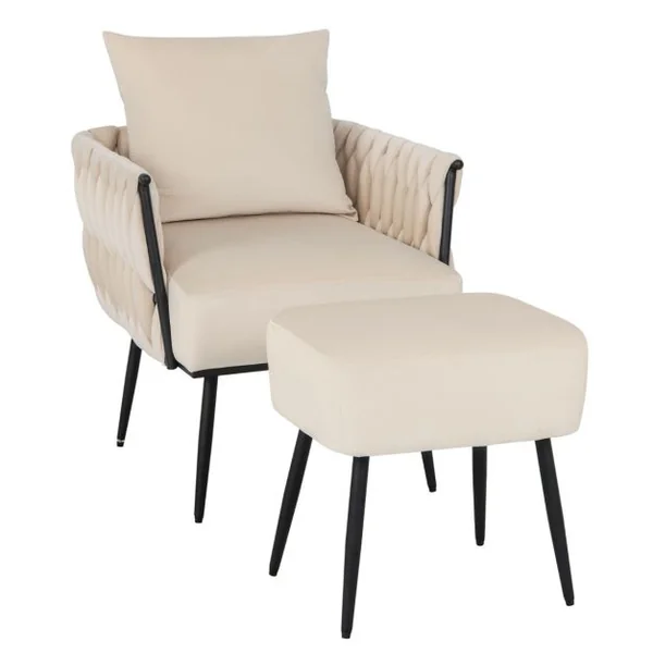 Chaise d'Appoint et Ottoman en Velours Chaise de Loisirs Dossier et Accoudoirs Tissés avec Repose-pieds Profondeur d'Assise 58 cm Gris