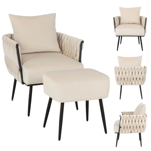 Chaise d'Appoint et Ottoman en Velours Chaise de Loisirs Dossier et Accoudoirs Tissés avec Repose-pieds Profondeur d'Assise 58 cm Gris