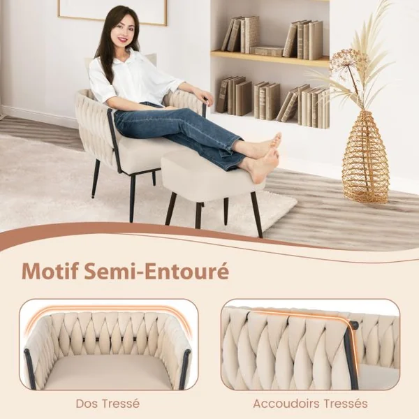 Chaise d'Appoint et Ottoman en Velours Chaise de Loisirs Dossier et Accoudoirs Tissés avec Repose-pieds Profondeur d'Assise 58 cm Gris