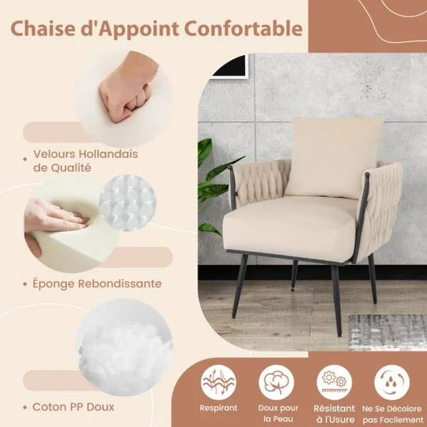 Chaise d'Appoint et Ottoman en Velours Chaise de Loisirs Dossier et Accoudoirs Tissés avec Repose-pieds Profondeur d'Assise 58 cm Gris