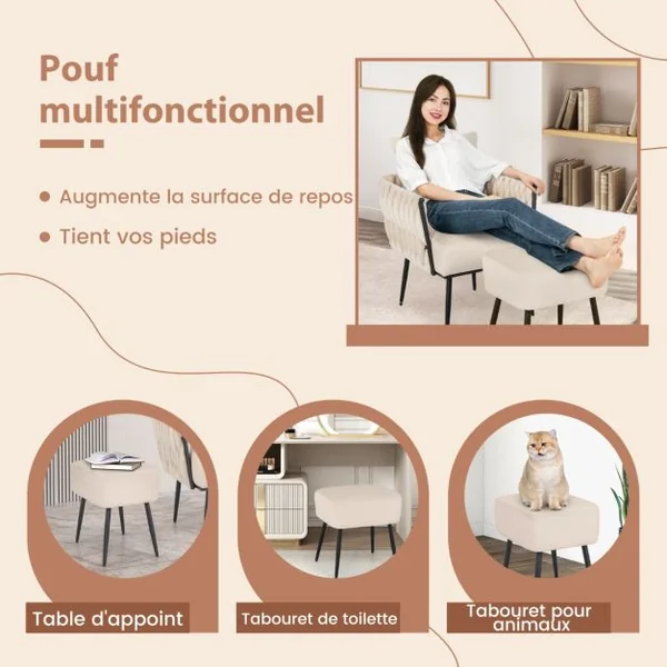 Chaise d'Appoint et Ottoman en Velours Chaise de Loisirs Dossier et Accoudoirs Tissés avec Repose-pieds Profondeur d'Assise 58 cm Gris