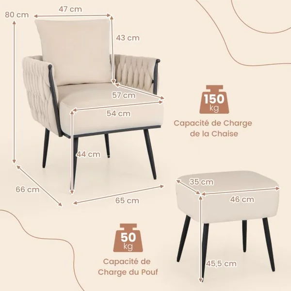 Chaise d'Appoint et Ottoman en Velours Chaise de Loisirs Dossier et Accoudoirs Tissés avec Repose-pieds Profondeur d'Assise 58 cm Gris