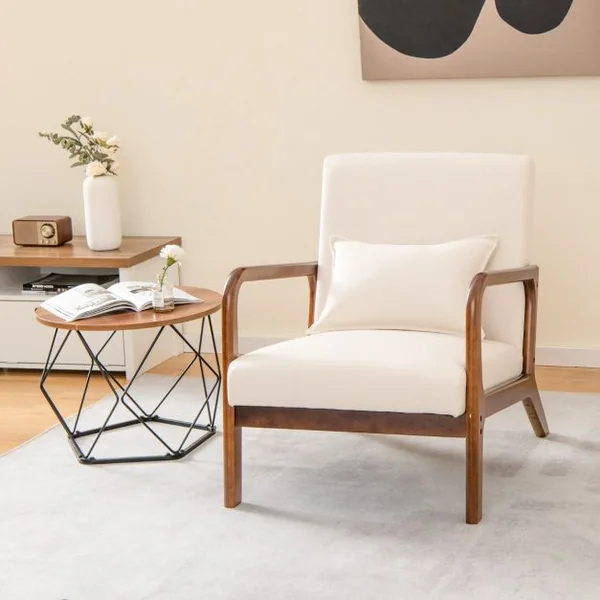 Chaise d'Appoint Moderne en Bois de Caoutchouc Chaise de Loisirs avec Coussin Lombaire Patins Antidérapants Beige/Gris