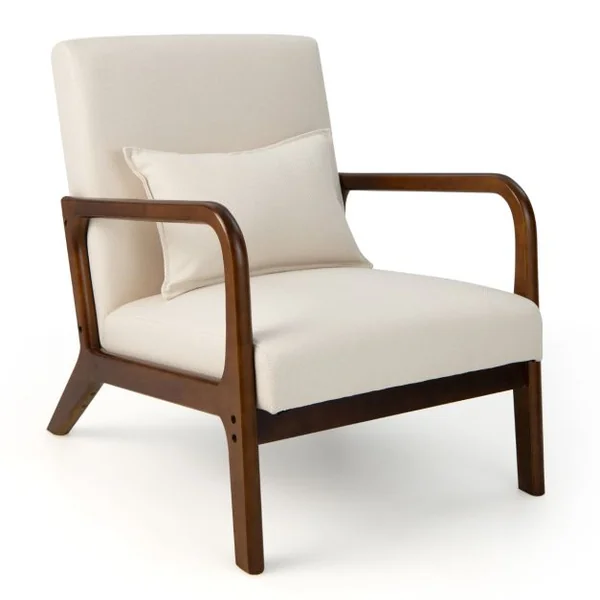 Chaise d'Appoint Moderne en Bois de Caoutchouc Chaise de Loisirs avec Coussin Lombaire Patins Antidérapants Beige/Gris