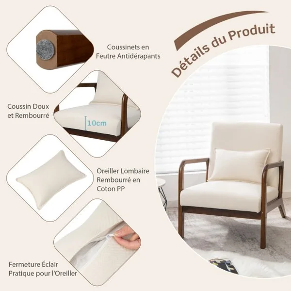 Chaise d'Appoint Moderne en Bois de Caoutchouc Chaise de Loisirs avec Coussin Lombaire Patins Antidérapants Beige/Gris
