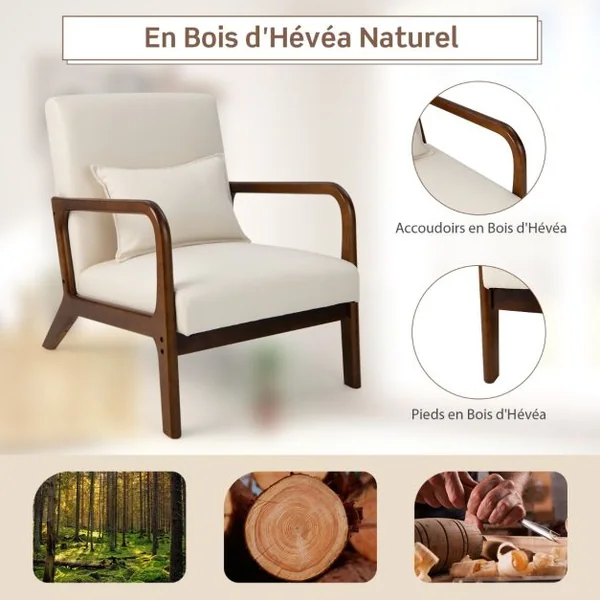 Chaise d'Appoint Moderne en Bois de Caoutchouc Chaise de Loisirs avec Coussin Lombaire Patins Antidérapants Beige/Gris