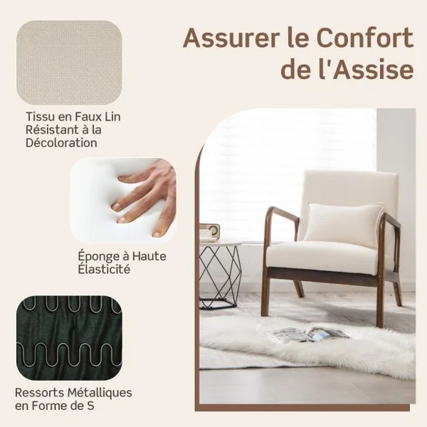 Chaise d'Appoint Moderne en Bois de Caoutchouc Chaise de Loisirs avec Coussin Lombaire Patins Antidérapants Beige/Gris