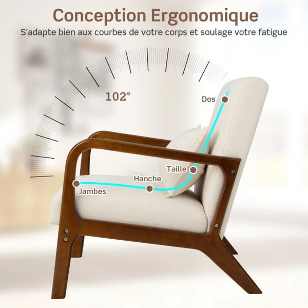 Chaise d'Appoint Moderne en Bois de Caoutchouc Chaise de Loisirs avec Coussin Lombaire Patins Antidérapants Beige/Gris