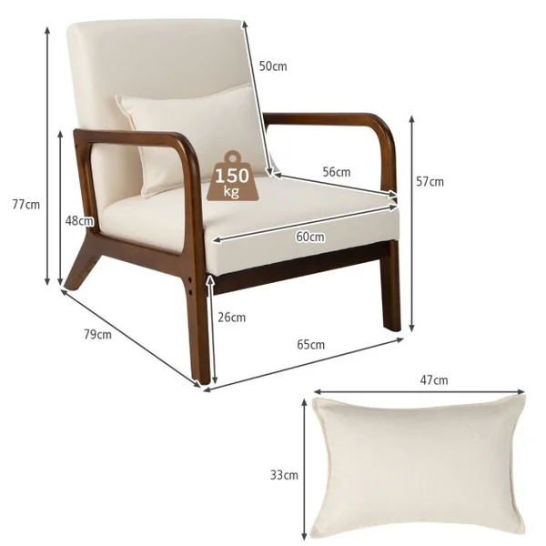 Chaise d'Appoint Moderne en Bois de Caoutchouc Chaise de Loisirs avec Coussin Lombaire Patins Antidérapants Beige/Gris