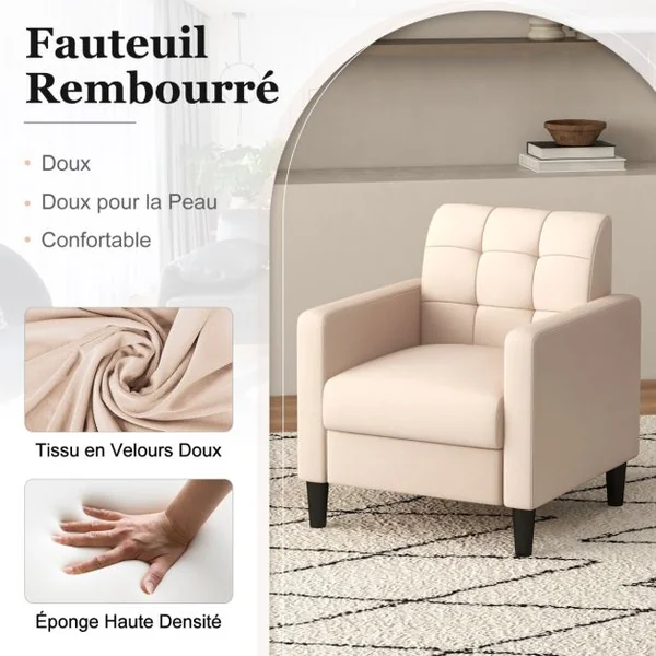 Chaise d'Appoint Moderne en Velours du Milieu du Siècle Fauteuil Rembourré avec Dossier Capitonné Fauteuil Gris