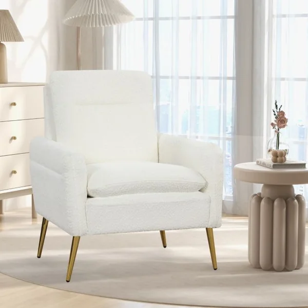 Chaise d'Appoint Moderne Fauteuil en Sherpa Rembourré Pieds en Métal Coniques Patins Antidérapants Éponge Et Ressorts Intégrés Blanc