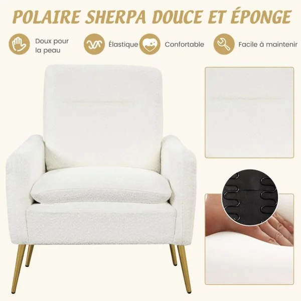 Chaise d'Appoint Moderne Fauteuil en Sherpa Rembourré Pieds en Métal Coniques Patins Antidérapants Éponge Et Ressorts Intégrés Blanc