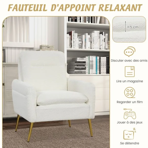 Chaise d'Appoint Moderne Fauteuil en Sherpa Rembourré Pieds en Métal Coniques Patins Antidérapants Éponge Et Ressorts Intégrés Blanc