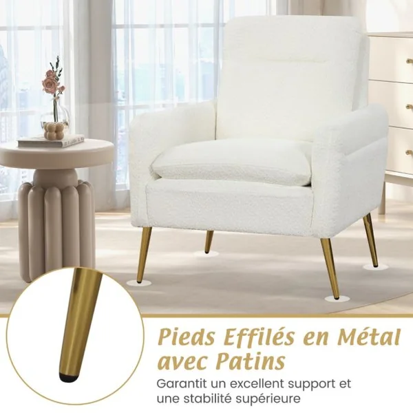 Chaise d'Appoint Moderne Fauteuil en Sherpa Rembourré Pieds en Métal Coniques Patins Antidérapants Éponge Et Ressorts Intégrés Blanc