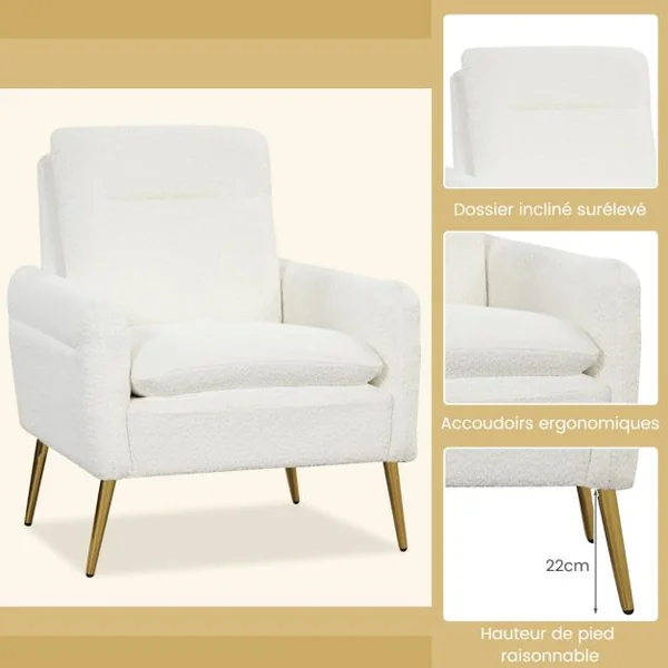 Chaise d'Appoint Moderne Fauteuil en Sherpa Rembourré Pieds en Métal Coniques Patins Antidérapants Éponge Et Ressorts Intégrés Blanc