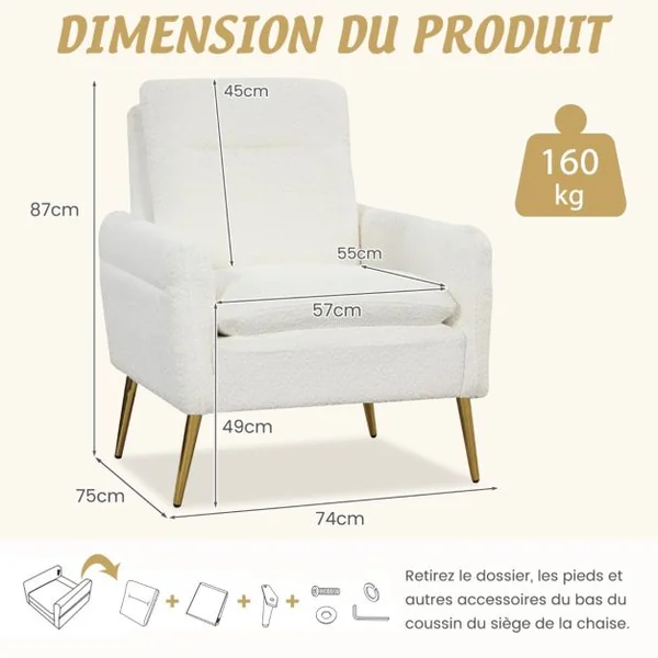 Chaise d'Appoint Moderne Fauteuil en Sherpa Rembourré Pieds en Métal Coniques Patins Antidérapants Éponge Et Ressorts Intégrés Blanc
