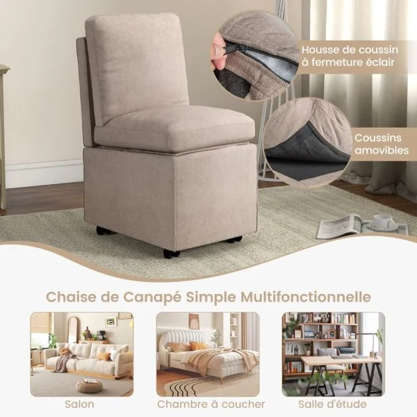 Chaise d'Appoint Moderne sans Accoudoirs avec Rangement Chaise en Tissu avec Coussins Épais Amovibles Fauteuil Simple Contemporain pour Chambre Café