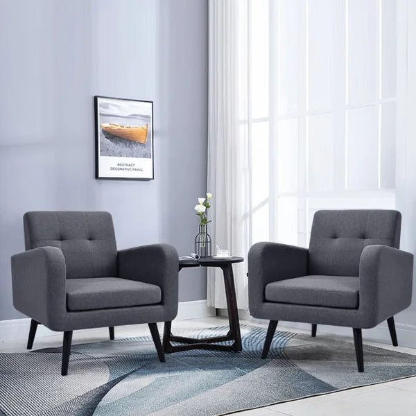 Chaise d'Appoint Rembourrée Du Milieu Du Siècle Pieds en Bois d'Hévéa Fauteuil Confortable Canapé en Tissu de Lin Gris